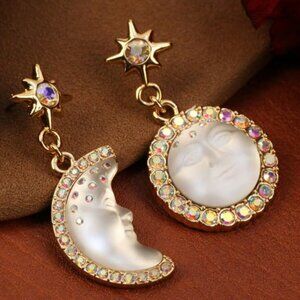 White Crescent Moon & Sunburst Earrings NEW Rhinestones, Whimsigoth Hippie Witch